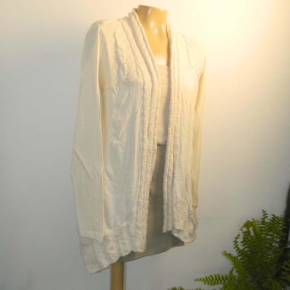 Lucky Brand Cardigan Womens Lrg Cream Mixed Media Cable Knit Open Front Pockets